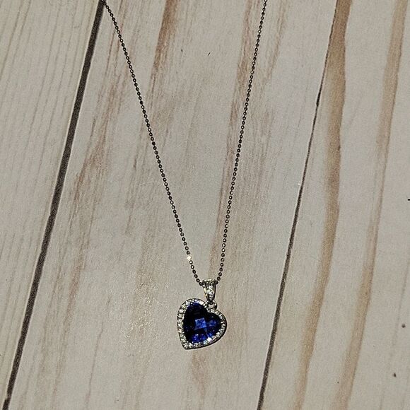 Blue Obsidian & Cubic Zirconia Platinum over 925 Silver Heart Pendant Necklace - Picture 12 of 13